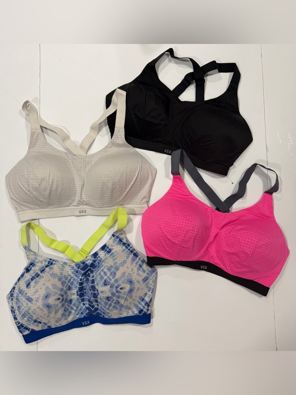 VSX Black, White, Hot Pink & Blue Pattern Sports Bras Bundle (Set of 4)
